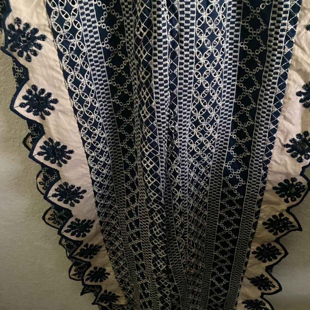 Chloe Laetitia Ruffle Detail Embroidered Eyelet Blue Cream Belted Jumpsuit Sz S - Picture 10 of 16